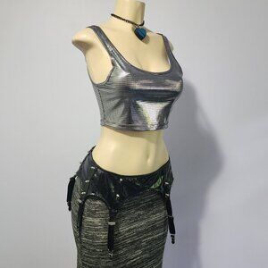 Dolls Kill One By One Prism Silver And Black Festival Reflective Mirror Crop Top
